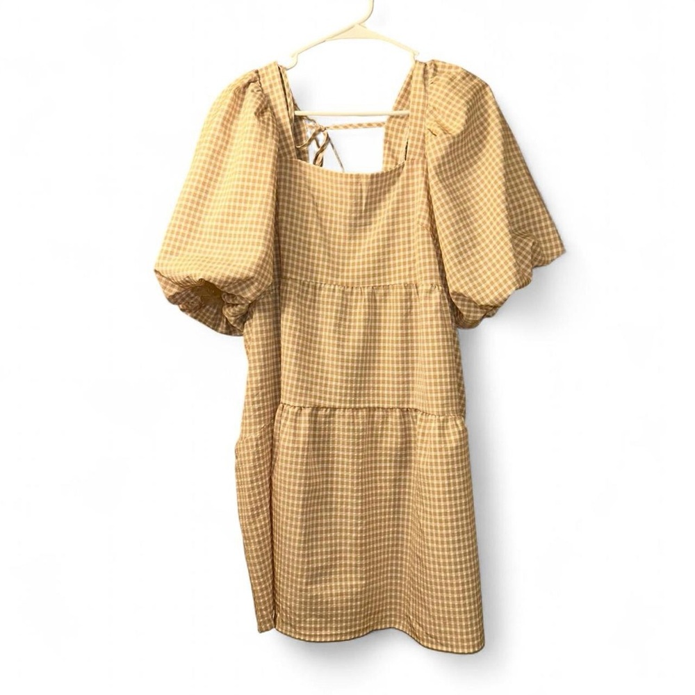 Nasty Gal Checkered Puff Sleeve Mini Dress in Tan